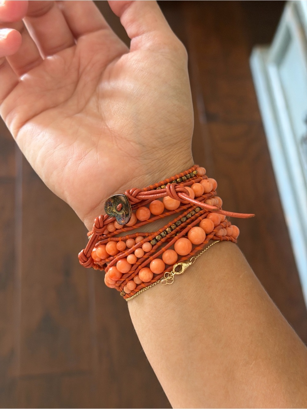 CHAN LUU Coral Pyrite Beaded 5 Wrap Bracelet with Heart Button - Picture 4 of 6